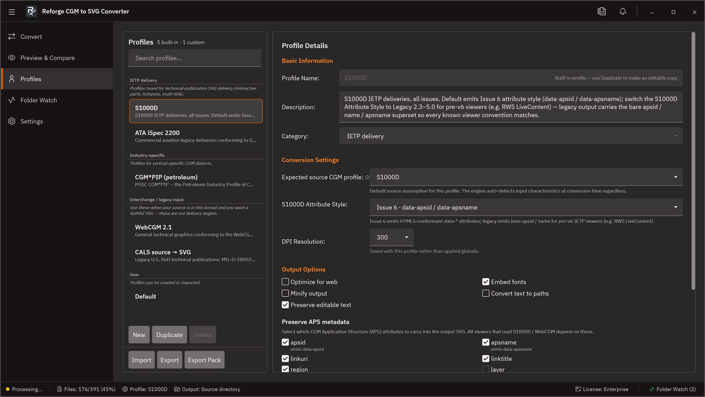 The Profiles tab with the built-in preset list and the profile details editor